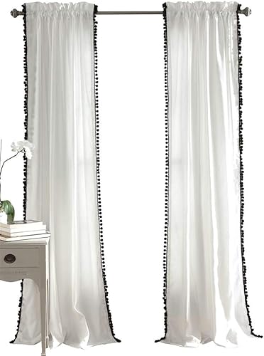 Lush Decor Cortina con pompones  Panel de ventana de estilo vintage chic con textura, color liso para sala, comedor, dormitorio (individual), negro,