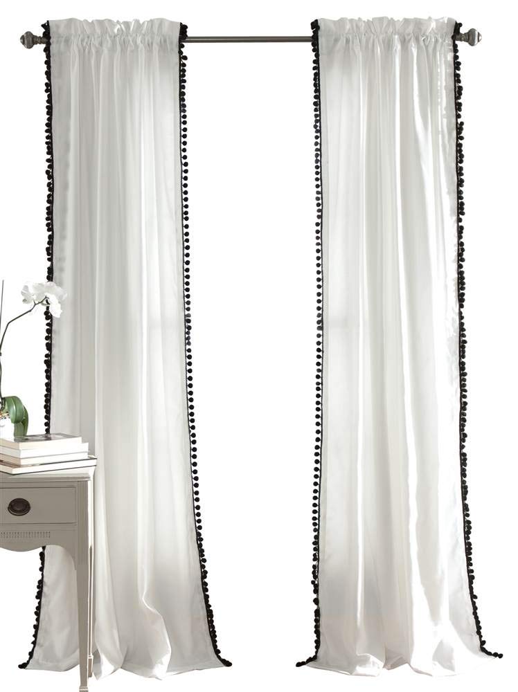 Lush Decor Cortina de pompón | Panel de Ventana de Color sólido para salón, Comedor, Dormitorio (Individual), 241 x 127 cm, Blanco y Negro, 241 x 127 cm + 5 cm cabecera de 5 cm