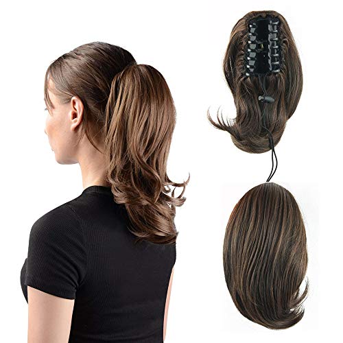 DAYISS Womens Short Wavy Curly Black/Brown/Flax Hairpiece Extension Claw Clip In Pony Tail Cosplay Party/Daily Wear (Brown)