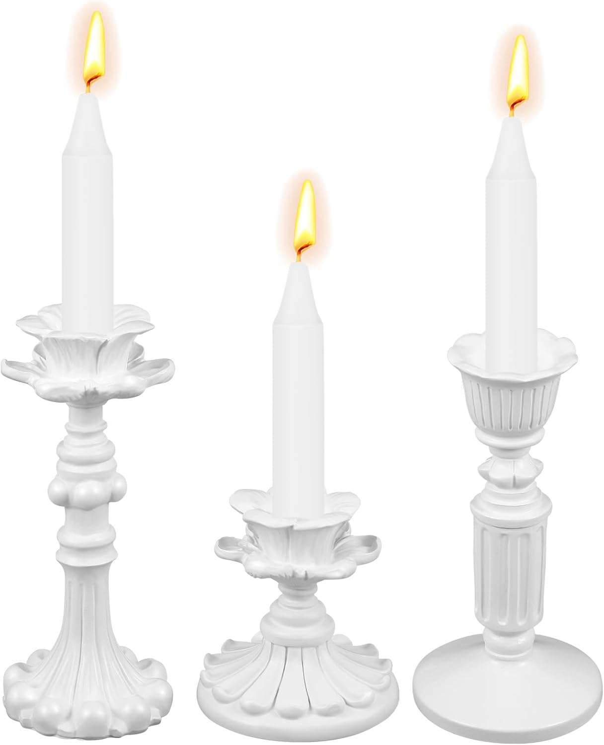 Suclain 3 Pcs Vintage Candlestick Holders Taper Resin Candle Holder Retro Antique Candle Holder Floral Decorative Candlesticks for Wedding Anniversary Table Centerpieces Fireplace Home Decor (White)