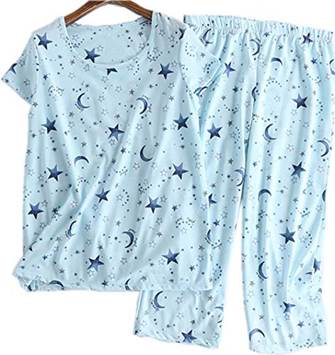 Womens Pajama Set - Sleepwear Tops with Capri Pants Casual and Fun Prints Pajama Sets SY215-Blue Star-S