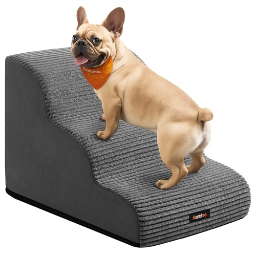 Feandrea Hundetreppe, 3 Stufen, Cord mit Querstreifen, Haustiertreppe, für Bett, Sofa, wasserdicht, rutschfest, geringe Neigung, Abnehmbarer waschbarer Bezug, Griff, schiefergrau PPS003GN01