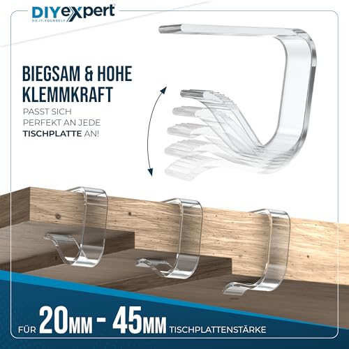 Foto von DIYexpert Tischtuchklammern Transparent Made in Germany [bis 45 mm] [4 Stück] Stabile Tischdeckenklammern – Wetterfest & rutschfest – Tischklammern für Garten, Balkon & Innenbereich