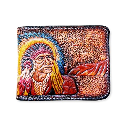 Hand-Carved Native Chief Leather Bifold Wallet – Genuine Leather Card Holder for Men