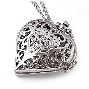 VIGOROSO Women’s Pocket Watch, Analog Display, Quartz Movement, Silver Stainless Steel, Heart Pendant Necklace, Unisex Accessory, Valentines Day Gifts