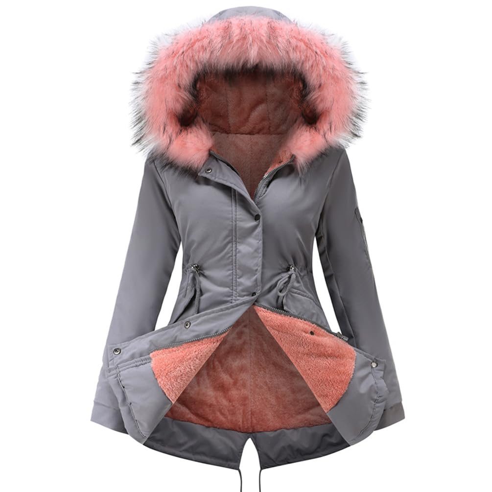 Płaszcze Parka Damskie Zimowe Termiczne Płaszcz Bawełniany Polar Długa Kurtka Z Kapturem Synthetic Futro Ciepła Kurtka Wiatroodporna Na Co Dzień Parka, Szary, L