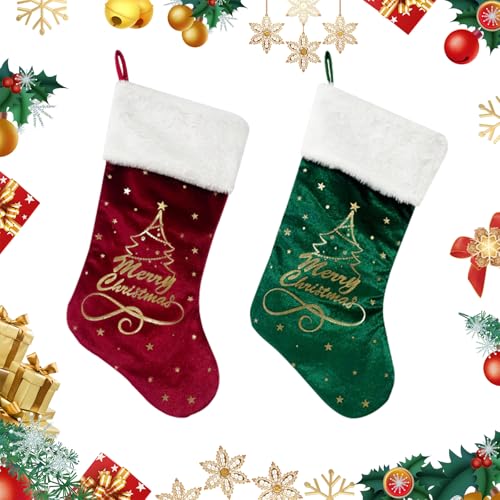 Christmas Stocking Set,Velvet Christmas Stockings,Red Green Velvet Stocking,Embroidered Patterned Large Xmas Stockings,Hanging Stockings Ornamemts for Family Christmas Holiday Party Decorations