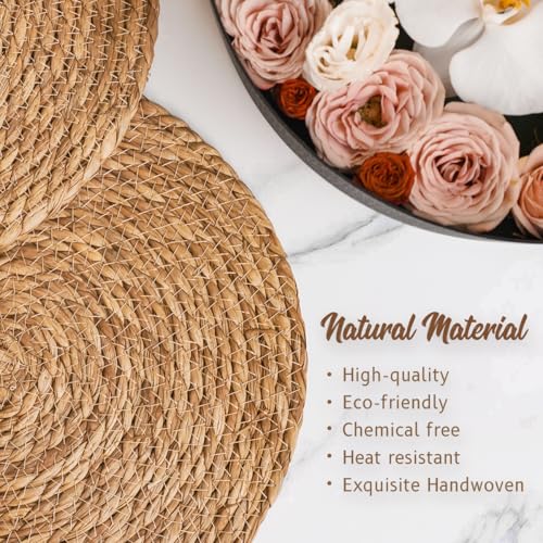 Image of 13 in Round Woven Boho Placemats Set of 8, Wicker Rattan Place Mats Chargers for Dinner Plates, Farmhouse Rustic Table Mats for Dining Table Decor