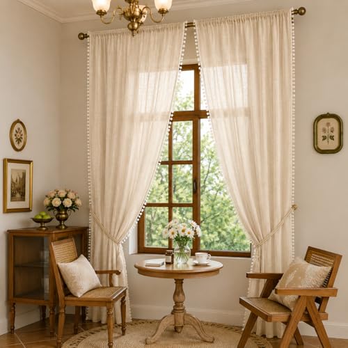 Image of THE LINEN COMPANY Window Curtains Sheer Cotton Curtains with Pom Pom Lace Rod Pocket Light Filtering Transparent Net Curtains for Window Curtains Door Curtains Living Room Natural 4 Ft Pack of 2