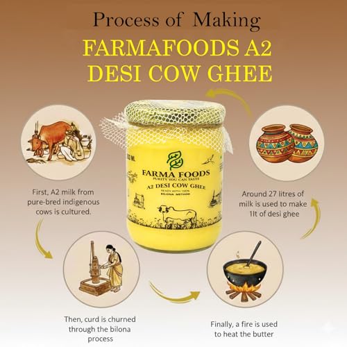 Image of FARMA FOODS A2 Desi Cow Ghee 500 ml | Bilona Method Hand Churned | Traditional Pure Natural Ghee | No Preservatives | Farm Fresh Taste | Everyday Cooking Nutrition