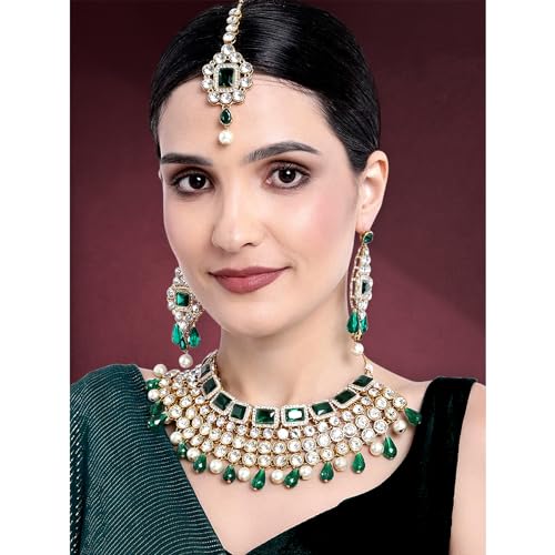 Image of Peora Crystal Choker Necklace with Maang Tikka Earrings Indian Traditional Bridal Wedding Jewellery Set for Women