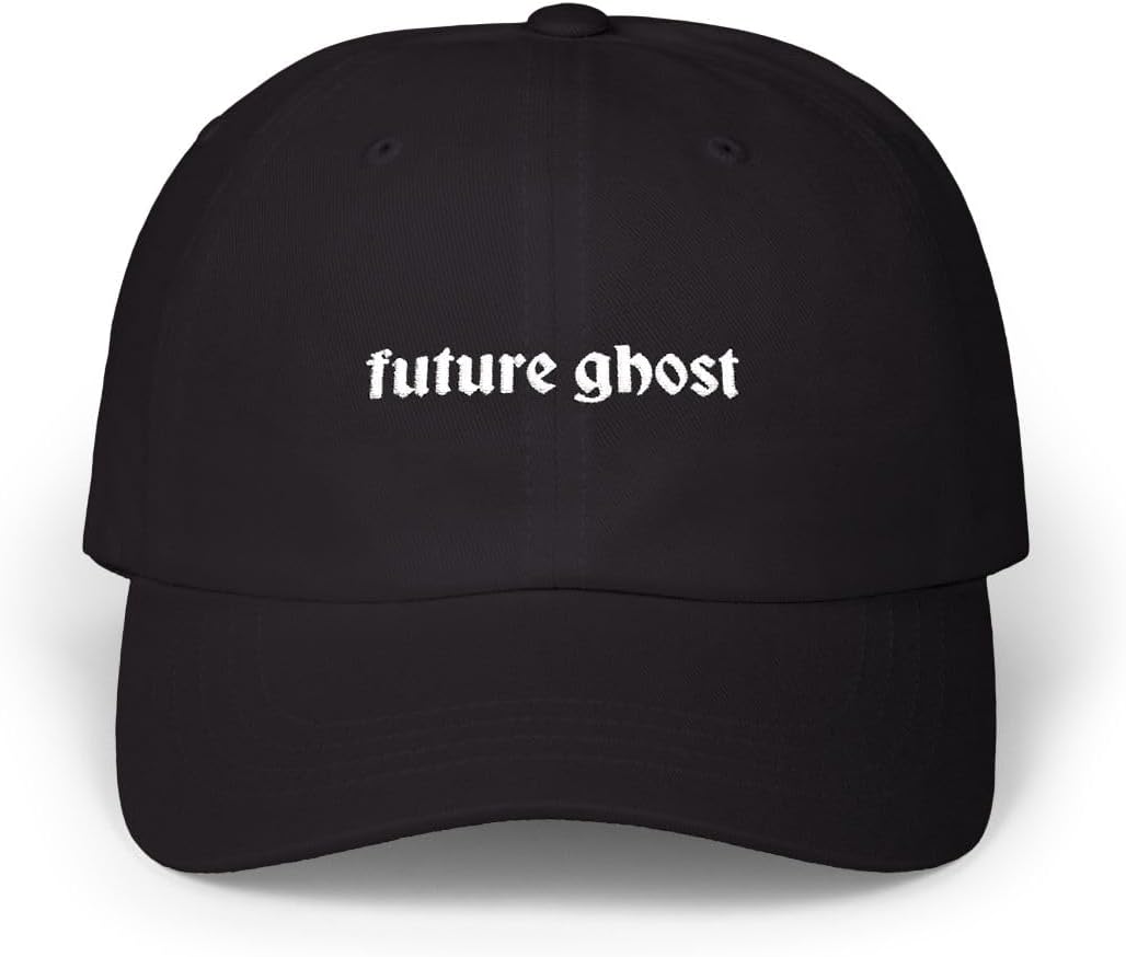 Future Ghost Black 6-Panel Dad Hat with Embroidered Graphic – Cool Hats with Sayings, Gothic Accessories, Alternative Streetwear, Street Fashion, Emo Aesthetic, Alt Core, Soft Goth, Sad Club