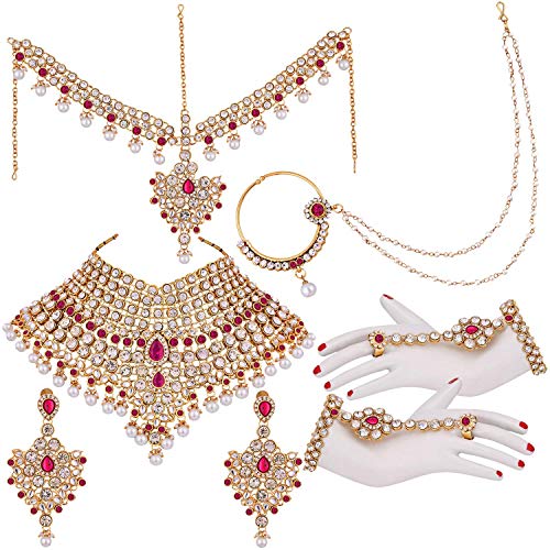 Aheli Classic Bollywood Style Indian Bridal Choker Necklace Matha Patti Nose Ring Haath Phool Wedding Fashion Jewelry Set for Women (Blue) (Pink)
