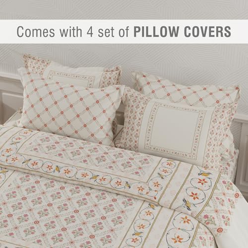 Image of BOUTIQUE LIVING Platinum Pulse 100% Cotton 800 TC White Digital Meenakari Print King Bedsheet with 4 Pillow Covers
