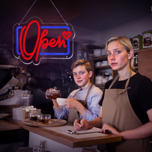 Image of Open Neon Sign, Neon Signs Lights for Wall Decor Store, Perfect Gifts for business owners, Dimmable Neon Light 13.3 * 10.3 in (Red and Blue)