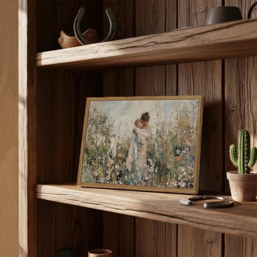 Image of Mother Holding Child Wall Art Vintage Motherhood with Baby Wall Decor Painting Cottage Country Nursery Sign Poster Canvas Print for Kids Bedroom Living Room 24x16 inch Wood Framed