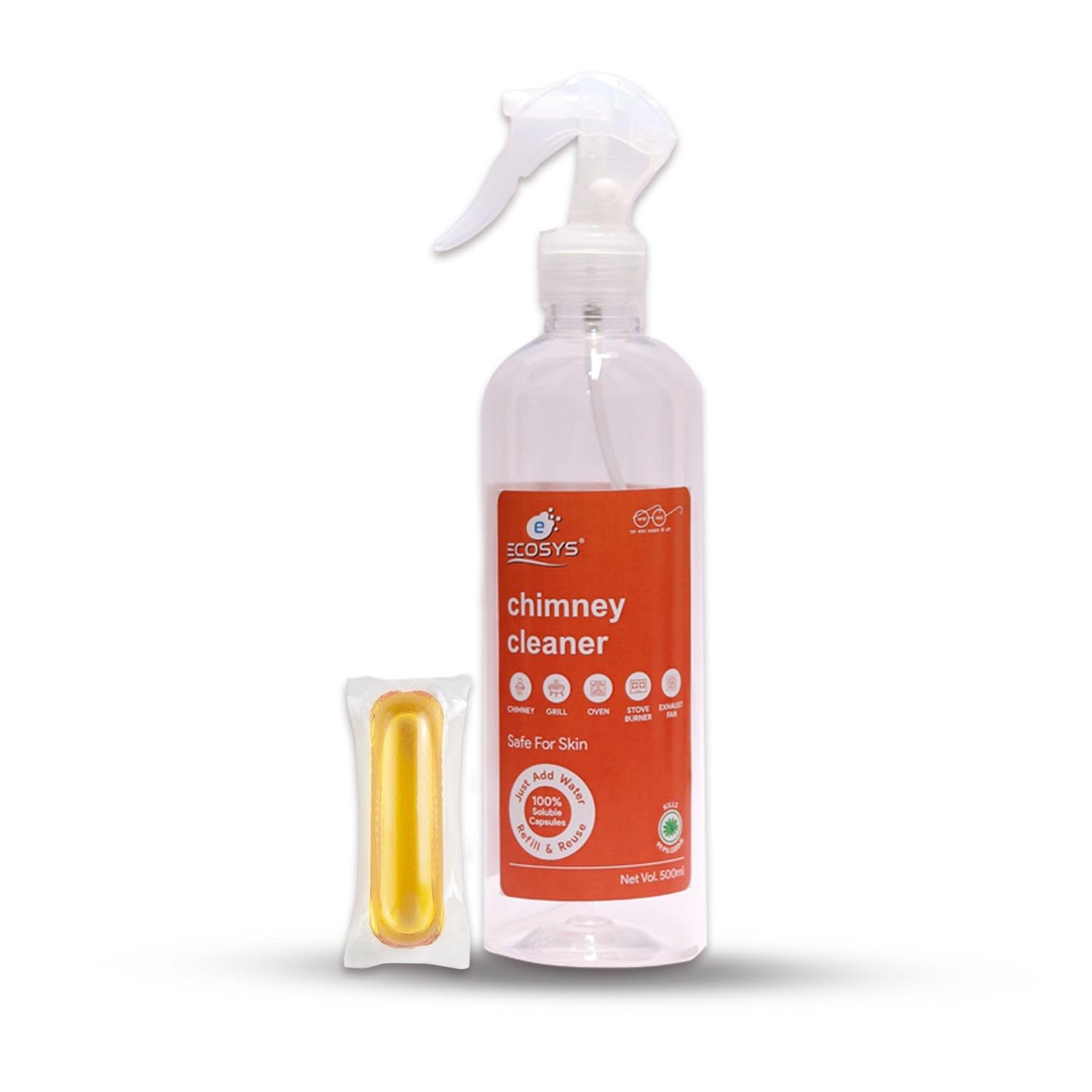 Ecosys 500mL Non-Toxic Chimney and Oven Cleaner Capsules,Eco-friendly, Pet and Baby Safe with 500mL Refillable Spray Bottle- (1 Soluble Capsule for 1L)