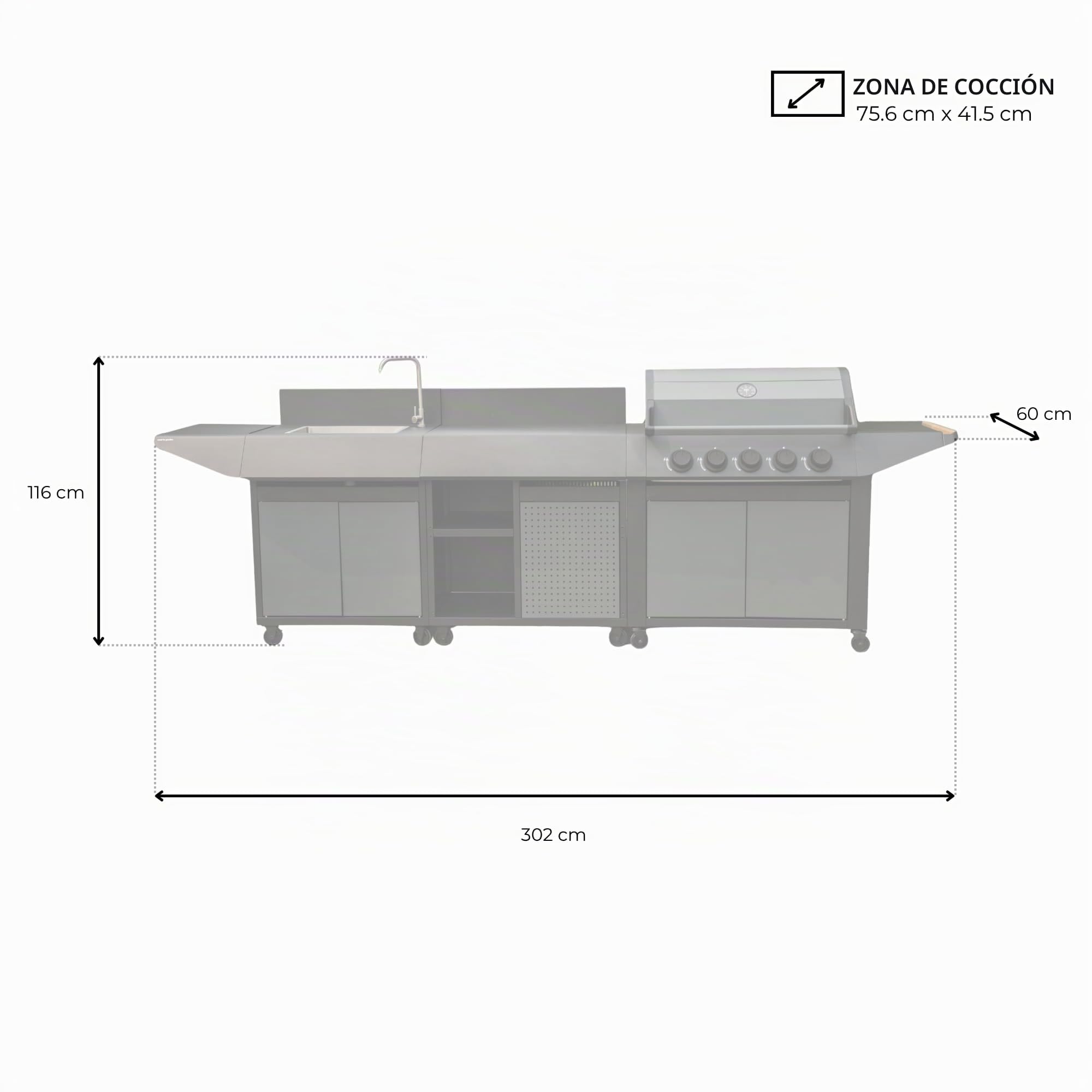 Cook'in Garden - Cocina de Gas para Exterior BURN, Barbacoa con Postre y Fregadero Integrados, 5 Quemadores, Espacio Adicional, Grifo con Salida de Agua, Función de Plancha y Barbacoa