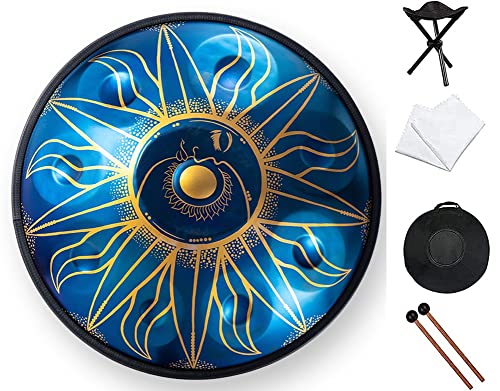 Handpan de acero de 22 pulgadas en Re menor, tambor de mano de 9 notas con bolsa suave, 2 baquetas, soporte y paño anti-polvo, diseño solar, instrumento para meditación (Color: Azul)