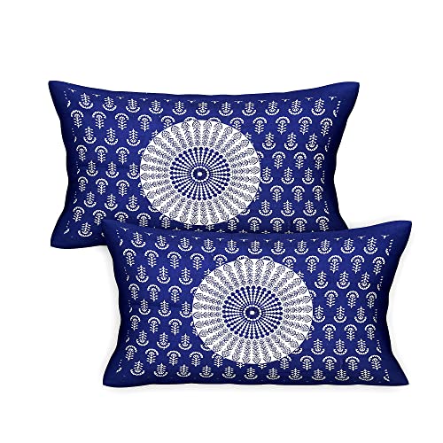 Image of RajasthaniKart Pure 100% Cotton 144TC Double Bed Sheet with 2 Pillow Covers (Bedsheet for Double Bed Cotton, Blue Rangoli) | 144 TC