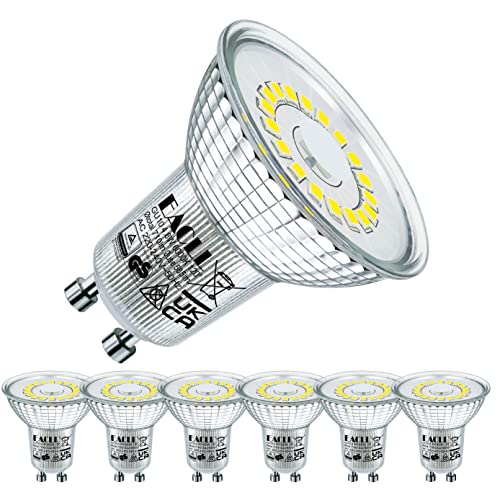 EACLL Bombillas LED GU10 Blanco Frio 4.8W Equivalente 75W Halógena, Pack de 6, Focos Sin Parpadeo AC 230V, 6000K 585 Lúmenes 120 ° Spotlight, Lámpara Reflectora no Regulable