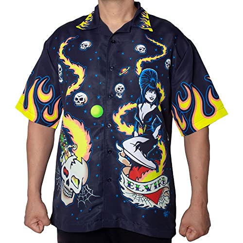 kreepsville 666 Elvira Mistress of The Dark Retro Flames Tattoo Skull Sublimated Button Down Collared Short Sleeve Shirt