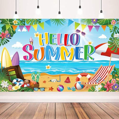 Summer Party Decorations Hello Summer Beach Party Backdrop Banner Colorful Beach Scene Photography Background 71 x 43 inches
