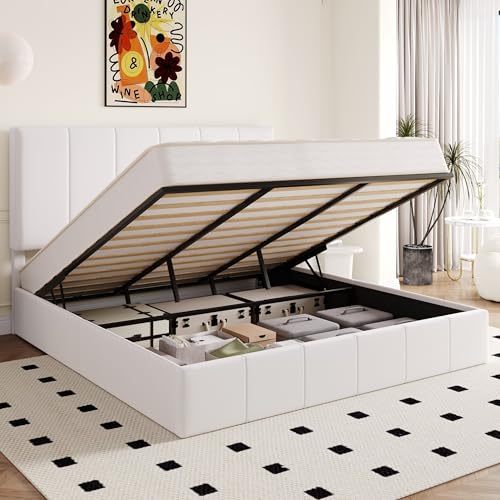 Image of Allewie King Size Velvet Lift Up Hydrualic Storage Bed Frame, White