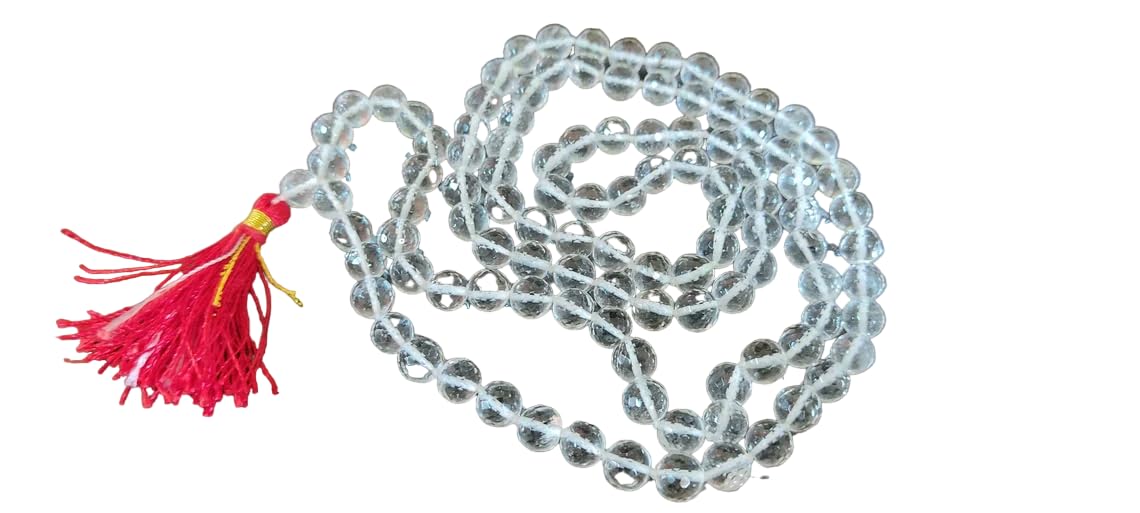 Collar con 109 cuentas de japa mala de cuarzo esférico AAA natural con diseño de corte de diamante y energía para una mente tranquila y compuesta