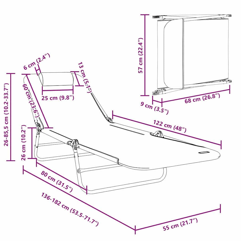 Klappbare Sonnenliege Grau mit Textilene Bezug 182 x 55 x 85,5 cm, verstellbare Rückenlehne, faltbar und wetterfest für Garten, Terrasse, Balkon, ergonomisch und komfortabel