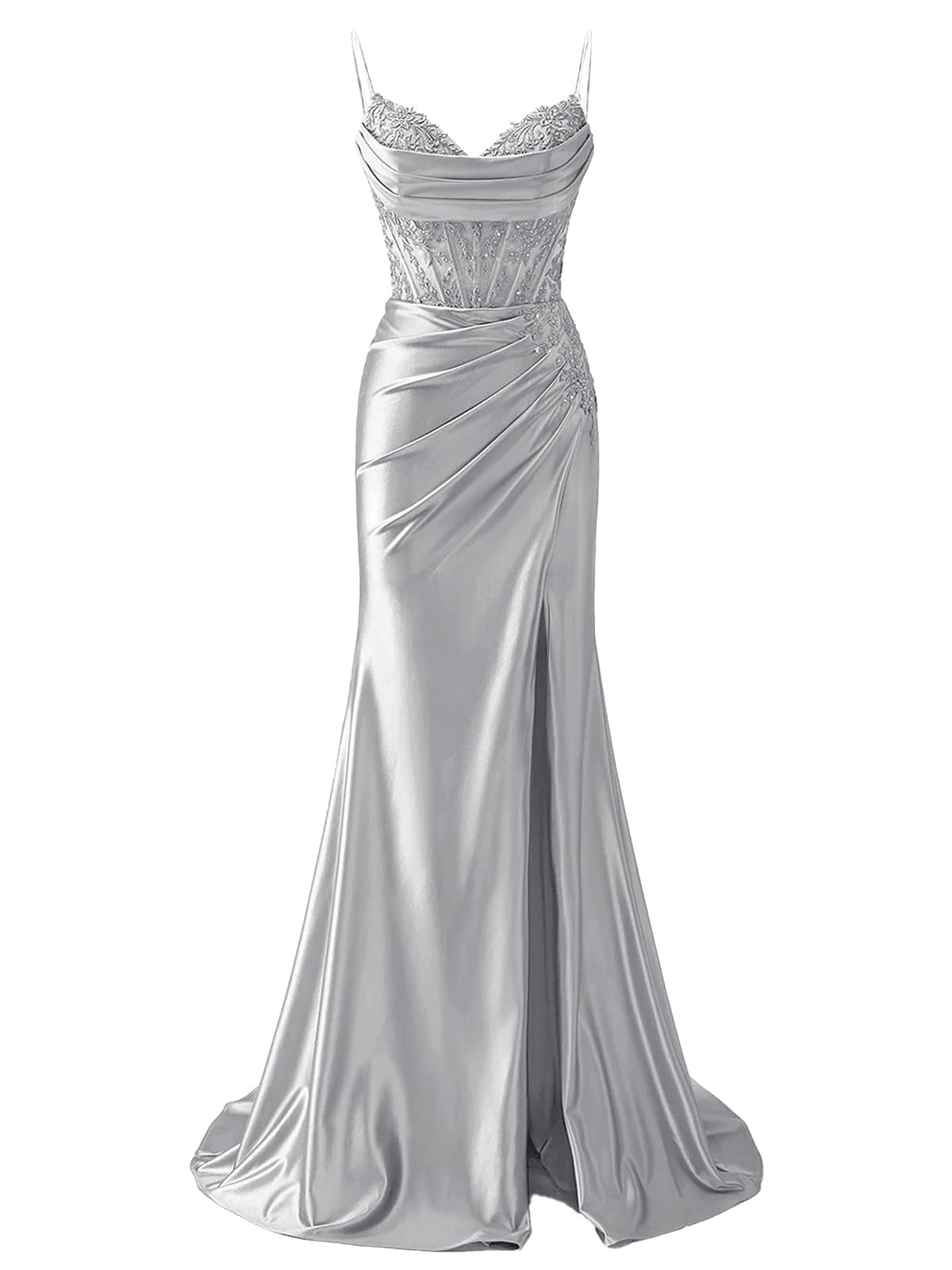 Hppee Women's Silver Satin Prom Dresses With Slit For V Neck Spaghetti Strap Formal Party Dress With Lace Applique Uk8