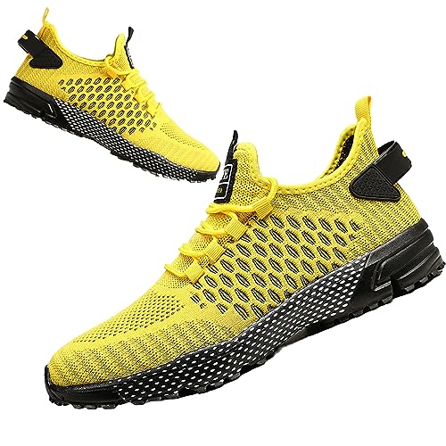 Men's Elastic Knitting Lace Up Sneakers,Fashion Causal Low Top Breathable Slip-On Walking Running Shoes Outdoor Trainer Comfortable Non-Slip Hiking Shoes (Yellow,12.5)