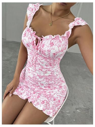 Image of Floerns Women's Floral Print Off Shoulder Milkmaid Dress Ruched Ruffle Hem Bodycon Mini Dress