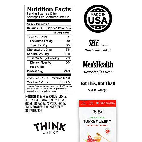 Sriracha Honey Turkey Jerky by Think Jerky — Delicious Chef Crafted Jerky — Free-Range Turkey With No Gluten or Antibiotics Added — Healthy Protein Snack Low in Calories and Fat — 1 Ounce (8 Pack)