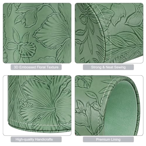 Image of Round Leather Pen Holder for Desk, Desktop Organizer, (Carved Green)