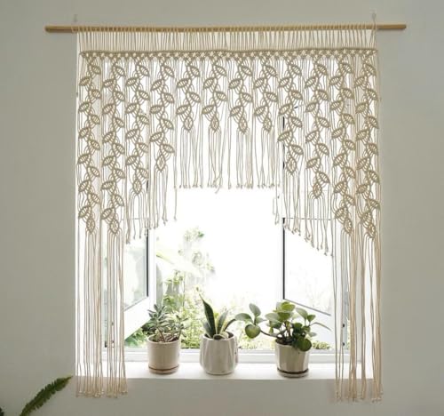 Macrame Valance Curtain 33.4x43.3Inch Farmhouse Boho Curtains Lvory Color Leaf