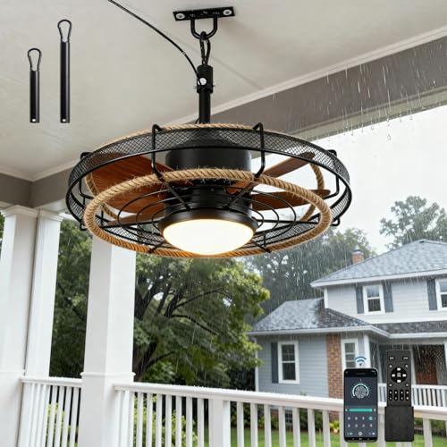 Ventilador de Techo Exterior con Luz IP65 Impermeable Ventilador Luz de Techo, Mando a Distancia y APP, 6 Velocidades, Motor DC, Regulable 3 CCT, Silencioso, para Exterior Porche Pérgola Cable 5 m