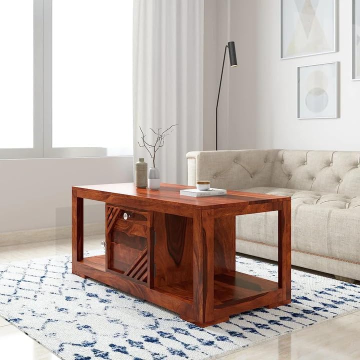 Image of Solid sheesham Wood Coffee Table for Living Room & Office|Wooden Center Table with Drawer and Door Storage Luxury and Style (Honey Finish)