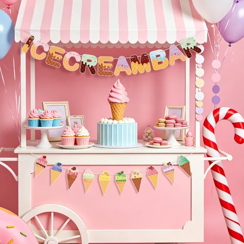 Image of Ice Cream Party Decorations Ice Cream Bar Banner Colorful Garland Photo Prop Summer Sweet Shop Birthday Party Baby Shower Wedding Decorations for Girls Kids Dessert Table Supplies