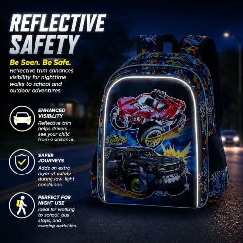 Image of HPJGD 3PCS Truck Backpack for Boys, Water Resistant Kids Bookbag Set with Lunch Box, Cool School Bag for Preschool Toddler - Teeth Truck