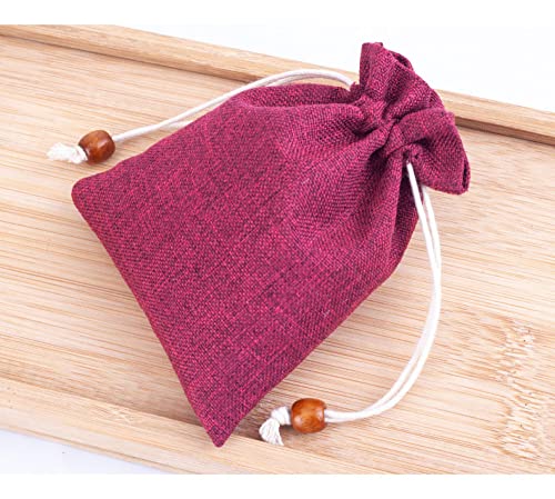 10 bolsitas de lino rojo oscuro con cordón para joyas miniatura 3
