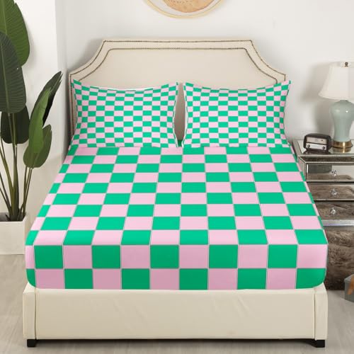 Image of Erosebridal Cute Plaid Bed Sheets Queen Pink Green Checkered Sheet Set Geometric Checkerboard Bedding Set for Kids Boys Girls,Aesthetic Grid Fitted Flat Sheets 4 Piece