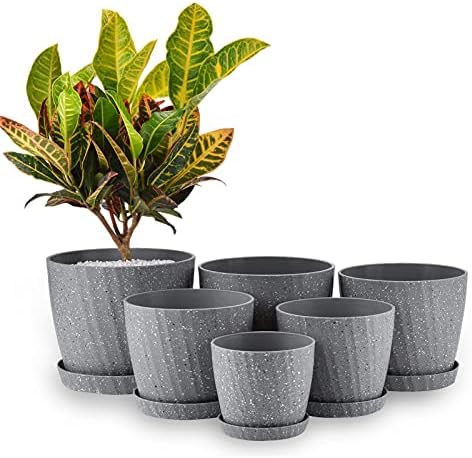 Faxinny Set of 6 Plastic Planters with Saucers,7.5/7/6.5/6/5.5/4.5 Inch Plant Pots with Drainage Hole and Tray for All Indoor Plants, Flowers, Snake Plant and Succulents,Grey