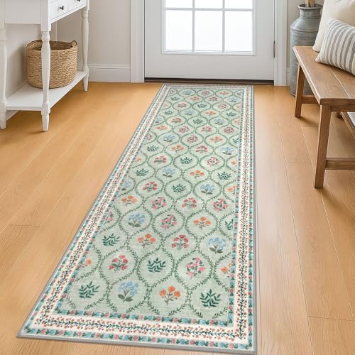 KILOCOCO 2x6 Runner Rug, Moroccan Super Soft Washable Hallway Entryway Runner Rug, Accent Print Faux Wool Kitchen Runner Rug 6 Feet Non-Slip Boho Rug Runner for Laundry Room Bedroom, Green