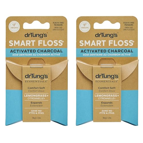 DrTung's Vegan Activated Charcoal Floss - Natural Dental Floss, PTFE & PFAS Free, Gentle on Gums, Expands & Stretches, BPA Free - Lemongrass Flavor (Pack of 2)