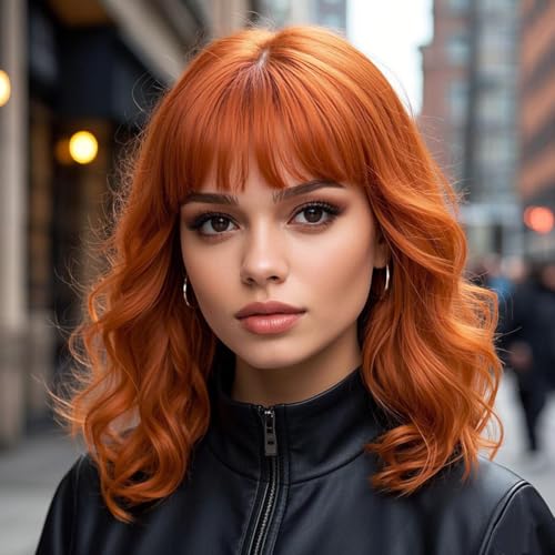 Sarensall Ginger Wigs for Women Short Wavy Bob Orange Wig With Bangs Heat Resistant Synthetic Wigs for Daily Party Cosplay Costume Wig Use