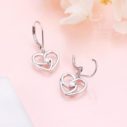 Miniatura 3 de Aretes de plata fina 925 en forma de corazón colgante para mujeres y niñas.