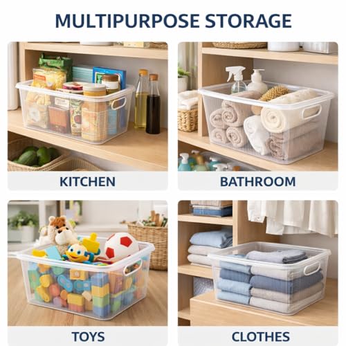 Image of Plastic Storage Box with Lid - Large Stackable Organizer Storage Box for Clothes, Toys, Kitchen - Big Size Plastic Storage Container Basket for Home, Office, Bathroom(Large,1pc,Transparent)