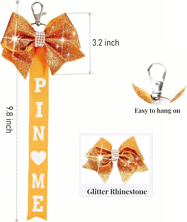 Image of Cheer Pin Me Ribbon Cheerleader Pin Me Bow Cheer Bow Keychain with Rhinestones Cheerleading Sports Accessory Gift