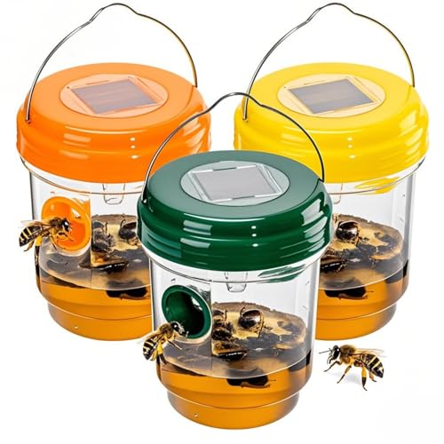 3 Pack Wasp Traps Outdoor Hanging, Solar Bee Trap for Outside with LED Light, Hornet Deterrent,...